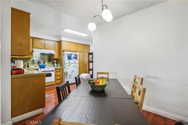 dining room featuring baseboards, dark wood finished floors, and a textured ceiling