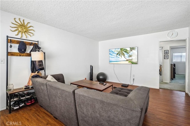 living area featuring dark wood-style floors and a textured ceiling