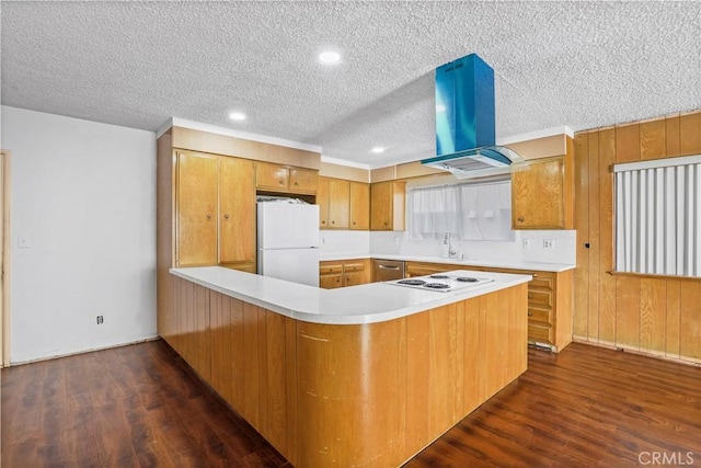 kitchen featuring white appliances, island range hood, dark wood finished floors, a peninsula, and light countertops