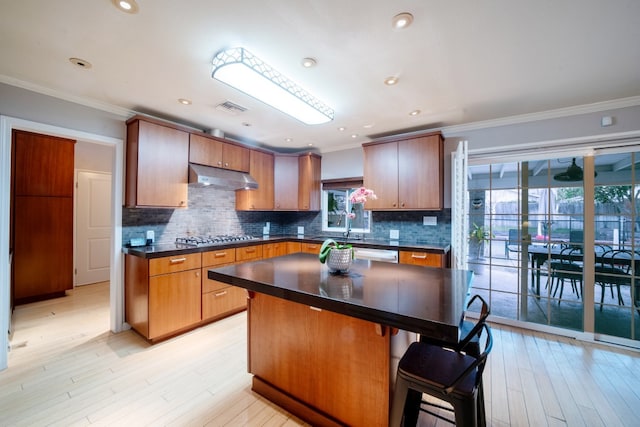 kitchen with dark countertops, under cabinet range hood, visible vents, and a wealth of natural light