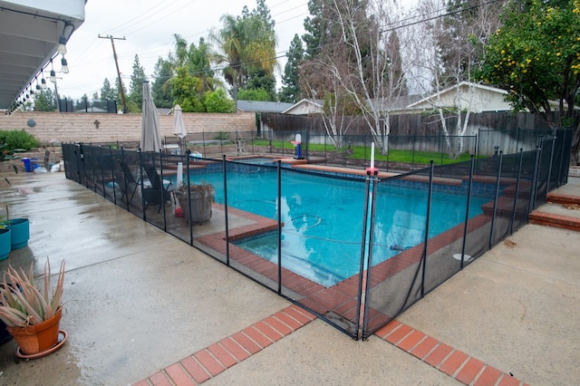 view of pool featuring a patio area, a fenced backyard, and a fenced in pool