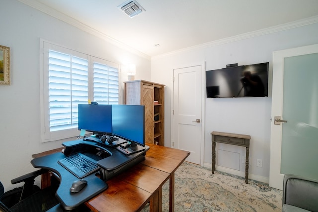 home office with baseboards, visible vents, and ornamental molding