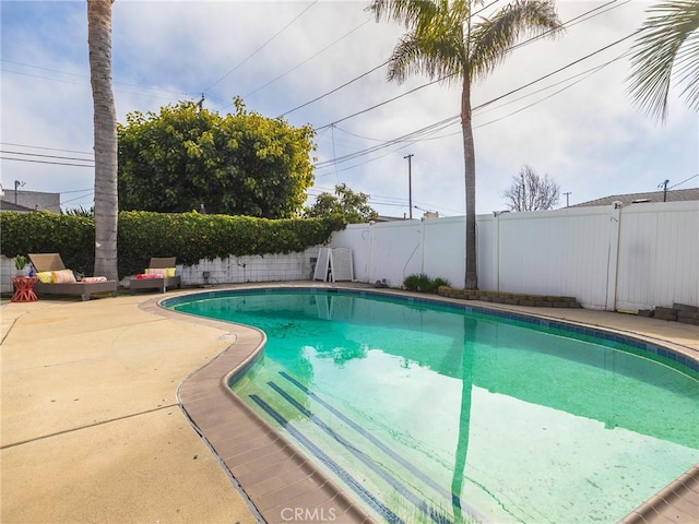 view of pool featuring a patio area, a fenced backyard, and a fenced in pool