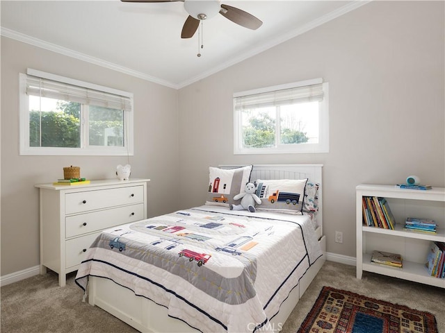 bedroom featuring lofted ceiling, carpet flooring, crown molding, and multiple windows