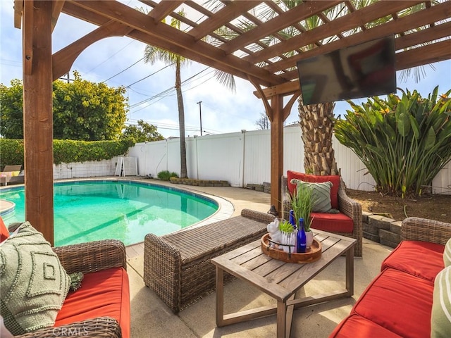 view of swimming pool with a fenced backyard, a pergola, a fenced in pool, and a patio