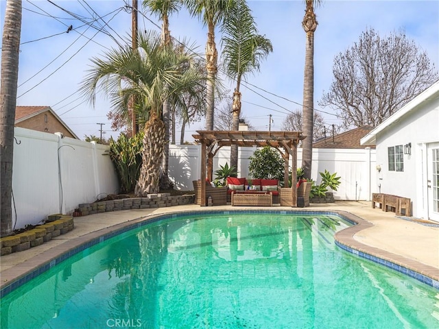 view of pool featuring an outdoor hangout area, a fenced backyard, a fenced in pool, and a pergola