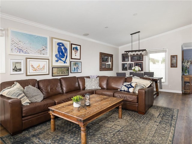 living area featuring baseboards, ornamental molding, and dark wood finished floors