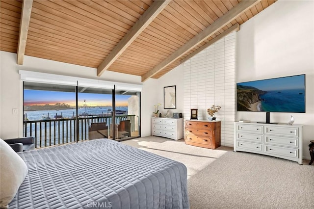 115 Bayside Pl Unit 115, Corona Del Mar, CA 92625 - bedroom featuring light colored carpet, beamed ceiling, a water view, access to outside, and high vaulted ceiling