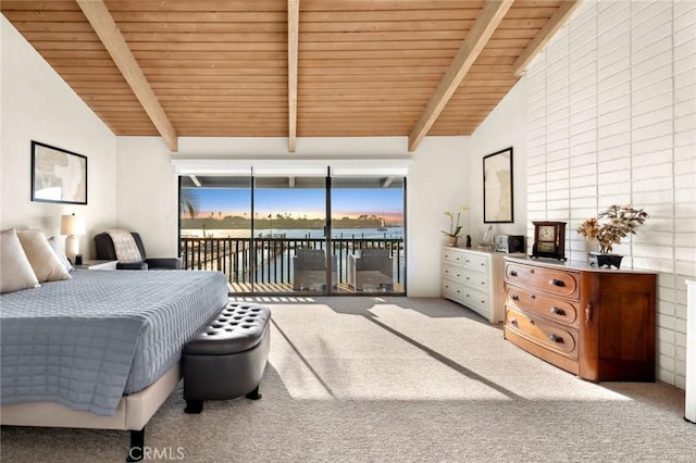 115 Bayside Pl Unit 115, Corona Del Mar, CA 92625 - bedroom with access to exterior, vaulted ceiling with beams, light colored carpet, a water view, and wooden ceiling