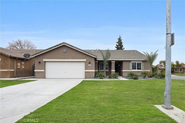 ranch-style house with an attached garage, a front lawn, concrete driveway, and stucco siding