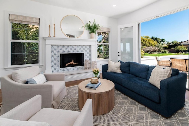 living room featuring a fireplace, wood finished floors, and recessed lighting