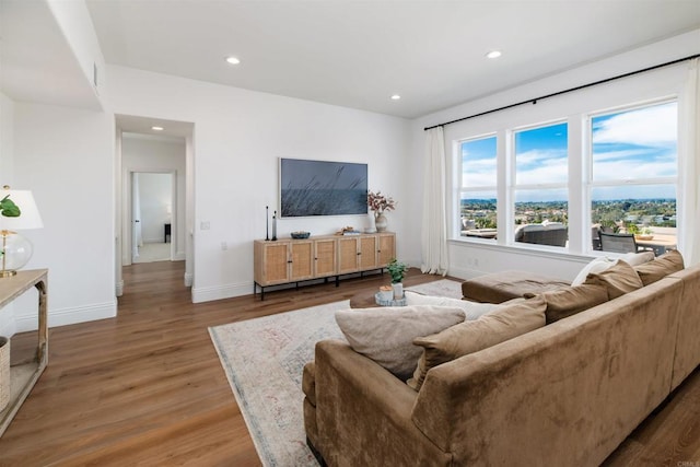 living area with recessed lighting, baseboards, and wood finished floors