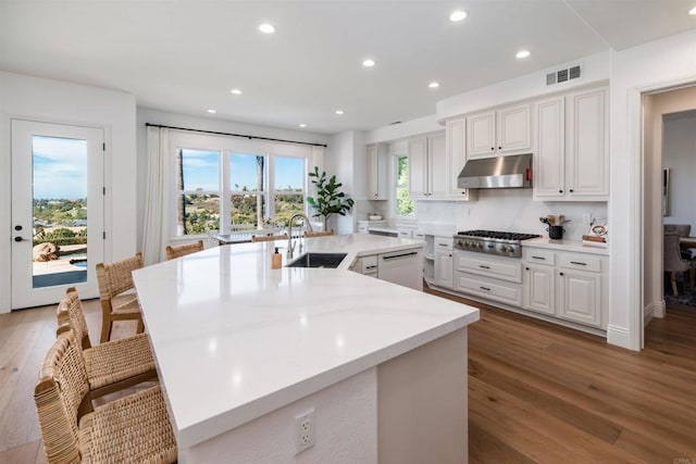 kitchen featuring light countertops, stainless steel gas stovetop, visible vents, a sink, and under cabinet range hood