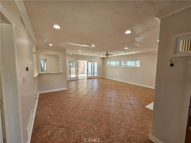 unfurnished room featuring baseboards, visible vents, a ceiling fan, ornamental molding, and recessed lighting