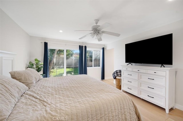 bedroom with baseboards, a ceiling fan, light wood-style flooring, access to outside, and recessed lighting