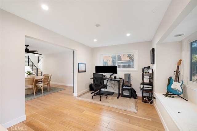 office area featuring light wood-type flooring, baseboards, and recessed lighting