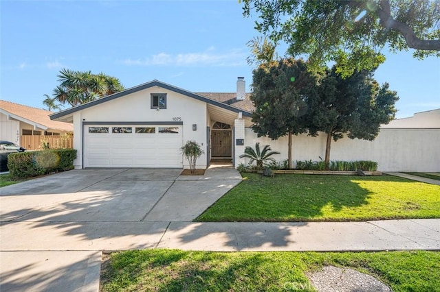 mid-century inspired home featuring a garage, concrete driveway, fence, a front lawn, and stucco siding