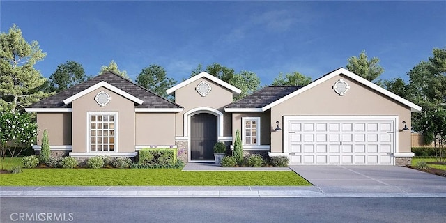 view of front facade featuring a garage, concrete driveway, a front yard, and stucco siding