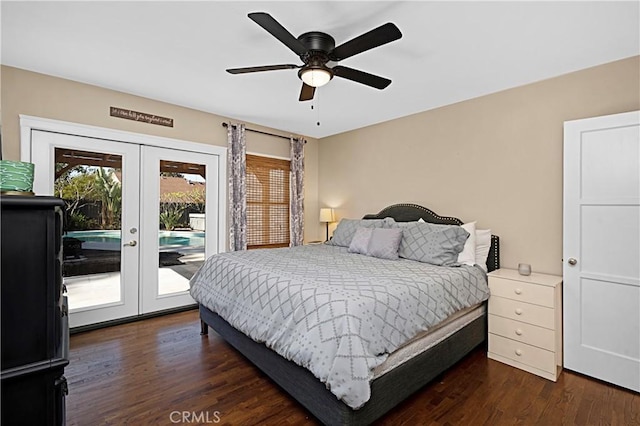 bedroom with access to exterior, ceiling fan, dark wood-style floors, and french doors