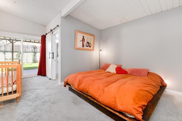 bedroom with a barn door, baseboards, light colored carpet, vaulted ceiling with beams, and access to exterior