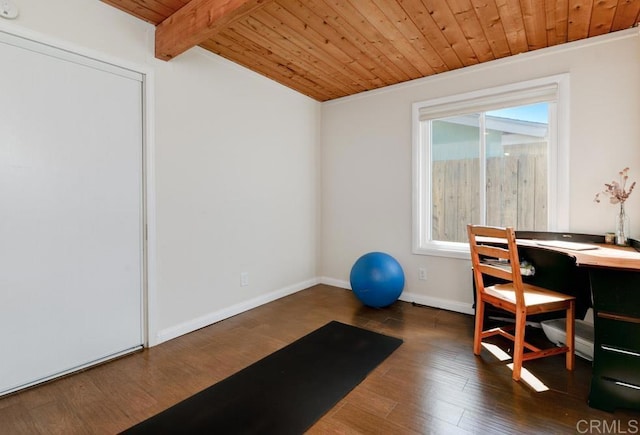 office space featuring lofted ceiling with beams, dark wood finished floors, wood ceiling, and baseboards