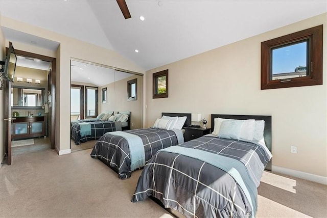 bedroom featuring recessed lighting, light carpet, baseboards, vaulted ceiling, and a closet