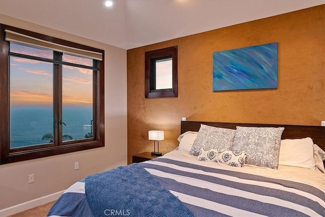 bedroom featuring a water view, carpet, and baseboards