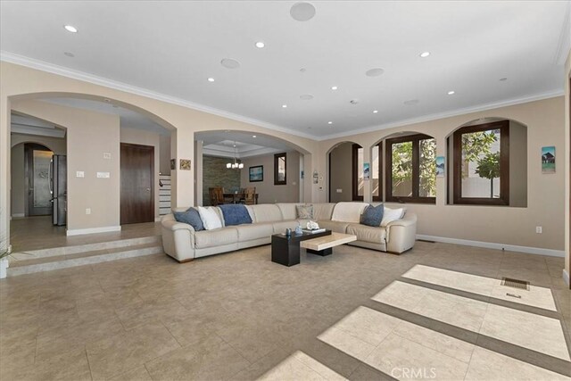 31422 Ceanothus Dr, Laguna Beach, CA 92651 - living area with recessed lighting, crown molding, tile patterned floors, and inlaid floor details