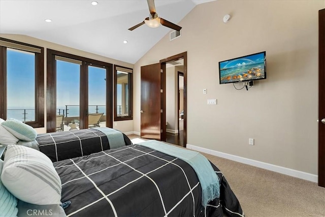 carpeted bedroom with baseboards, visible vents, ceiling fan, access to exterior, and vaulted ceiling