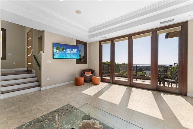 31422 Ceanothus Dr, Laguna Beach, CA 92651 - unfurnished living room with ornamental molding, tile patterned floors, stairway, and a raised ceiling