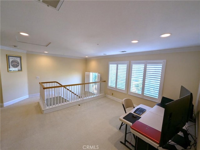 home office with ornamental molding, light colored carpet, and baseboards