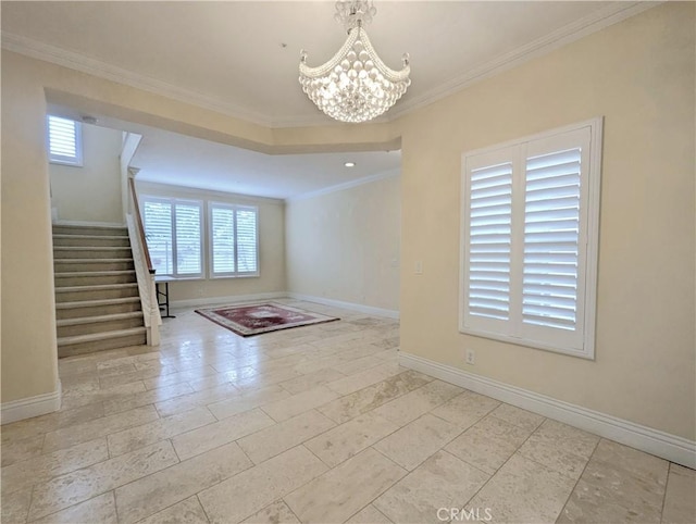 empty room with stairs, ornamental molding, baseboards, and an inviting chandelier