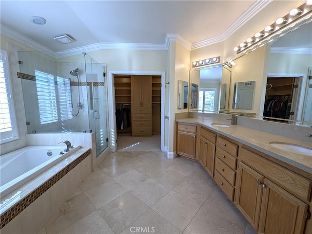 bathroom with double vanity, a shower stall, crown molding, and a sink