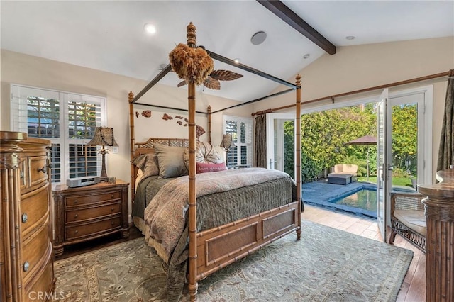 bedroom with vaulted ceiling with beams, access to exterior, and wood-type flooring