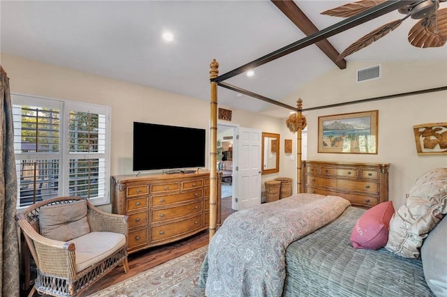 bedroom featuring recessed lighting, visible vents, vaulted ceiling with beams, and wood finished floors