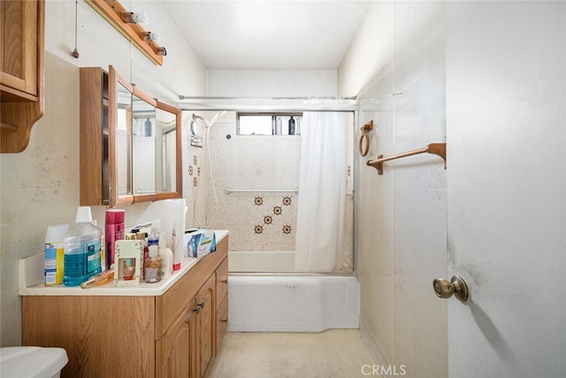 full bathroom featuring shower / bath combination with curtain and vanity