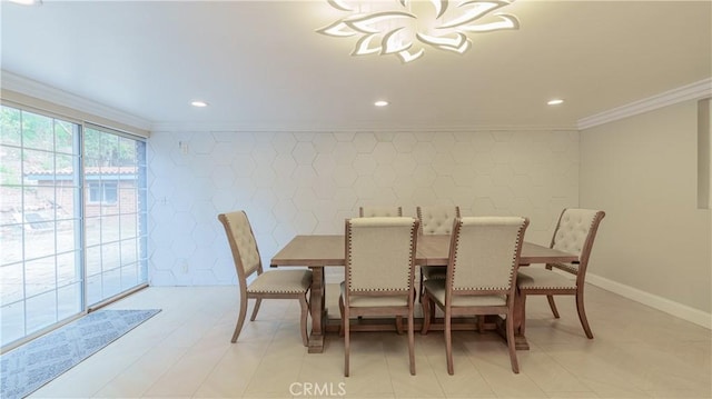 dining area with recessed lighting, a notable chandelier, baseboards, and ornamental molding