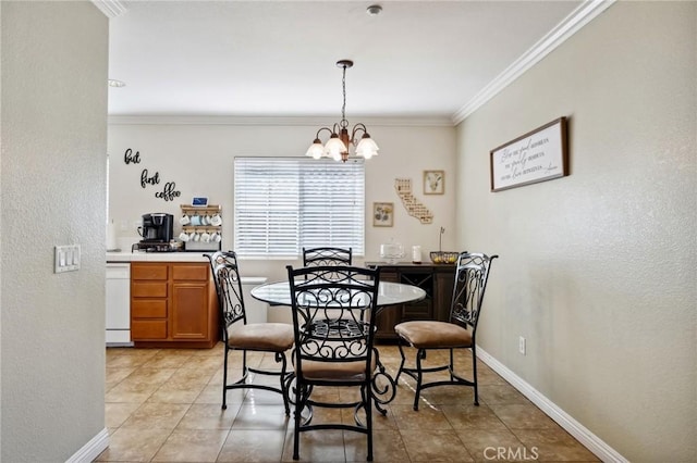 dining room with an inviting chandelier, baseboards, crown molding, and light tile patterned flooring