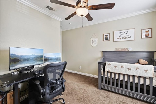 bedroom with crown molding, light colored carpet, visible vents, ceiling fan, and baseboards