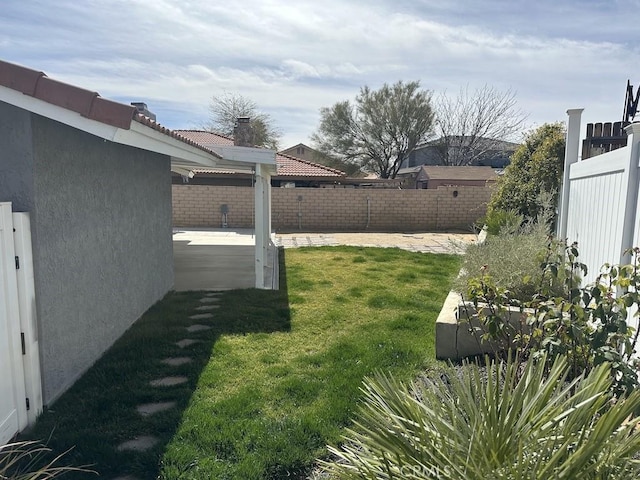 view of yard with a patio area and a fenced backyard