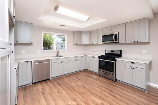 17875 Idyllwild Ln, Victorville, CA 92395 - kitchen featuring appliances with stainless steel finishes, a sink, a raised ceiling, and light wood-style flooring