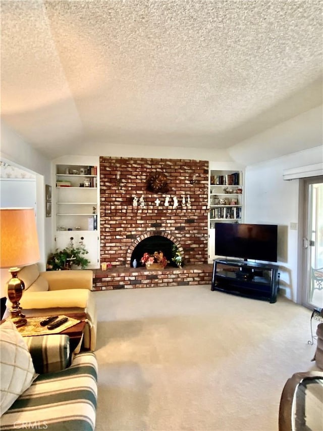 carpeted living room with built in shelves, lofted ceiling, and a textured ceiling