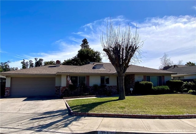 ranch-style home with an attached garage, driveway, a front lawn, and stucco siding