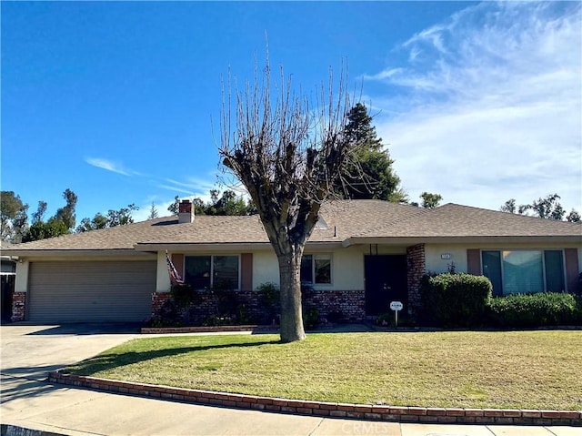 single story home with a garage, driveway, a front lawn, and stucco siding