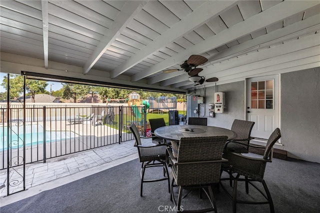 view of patio / terrace featuring a fenced in pool, outdoor dining area, a playground, fence, and ceiling fan