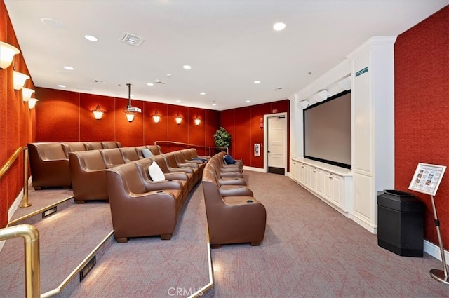 home theater with carpet, visible vents, and recessed lighting