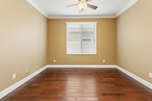 unfurnished room with ceiling fan, hardwood / wood-style floors, ornamental molding, and baseboards