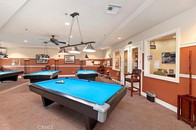 recreation room with recessed lighting, visible vents, pool table, carpet flooring, and baseboards