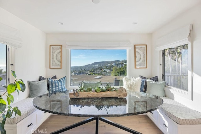 dining area with a wealth of natural light, recessed lighting, wood finished floors, and a mountain view