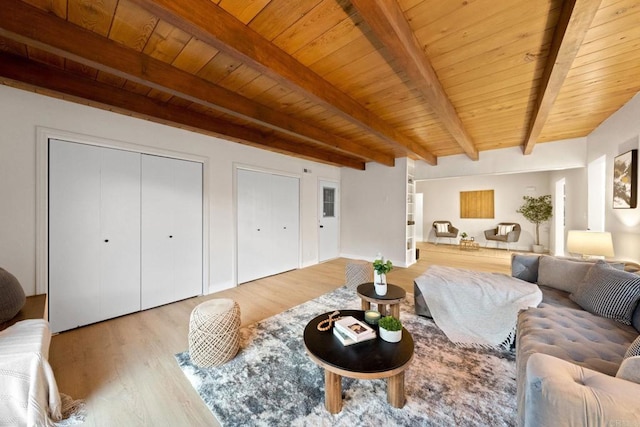 living area with light wood-type flooring, wood ceiling, and beam ceiling